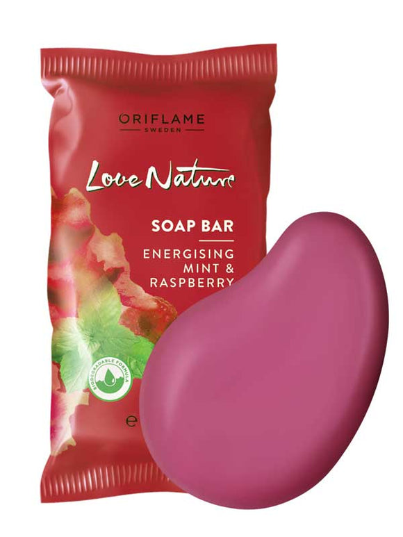 Love Nature Jabón en Barra Energizante de Menta y Frambuesa 75g